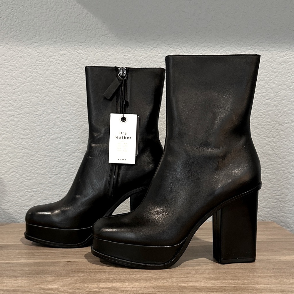 NWT Zara leather platform booties